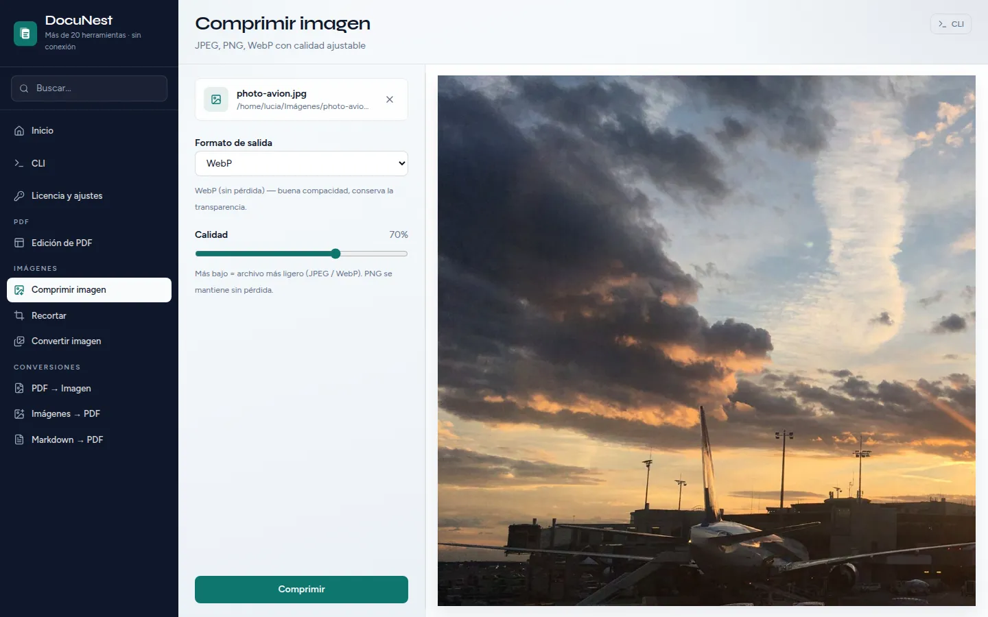 Vista previa de Comprimir una imagen en DocuNest, aplicación de PDF sin conexión