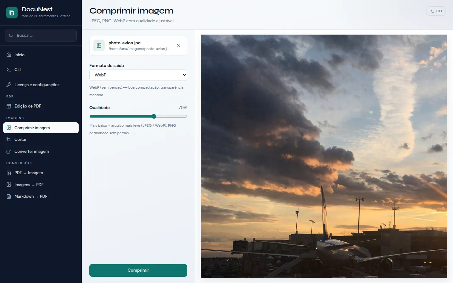 Prévia do Comprimir uma imagem no DocuNest, aplicativo de PDF offline