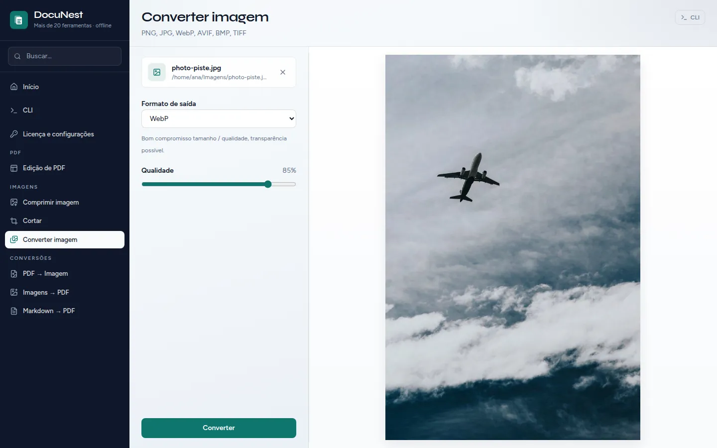 Prévia do Converter uma imagem no DocuNest, aplicativo de PDF offline