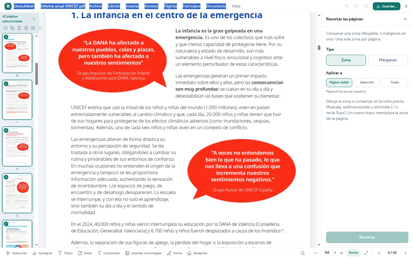 Vista previa de Recortar un PDF en DocuNest, aplicación de PDF sin conexión