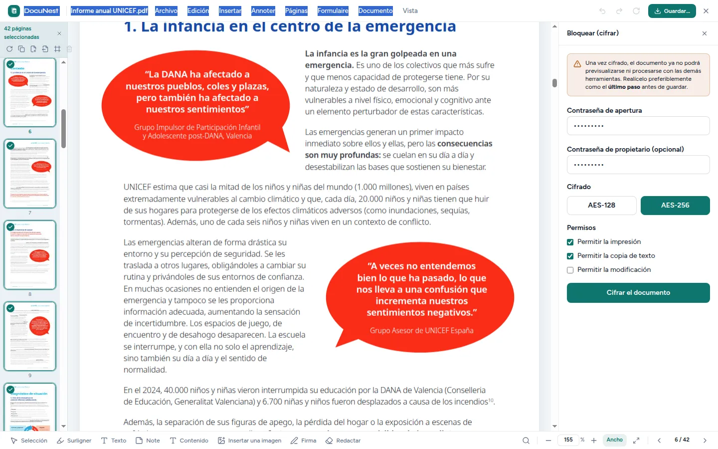 Vista previa de Cifrar un PDF en DocuNest, aplicación de PDF sin conexión