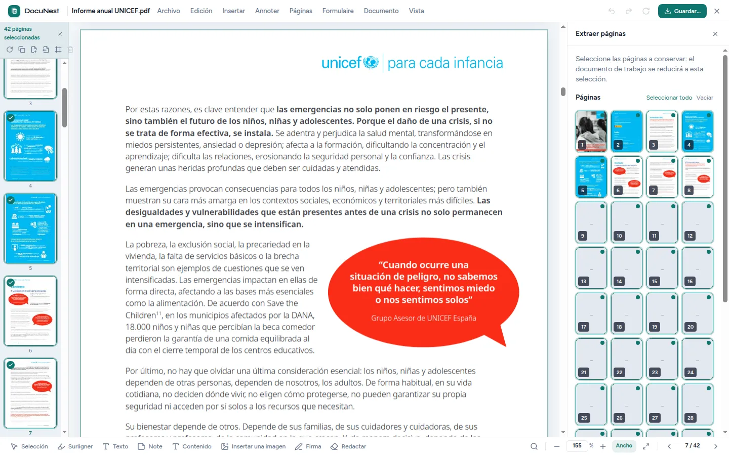 Vista previa de Extraer páginas en DocuNest, aplicación de PDF sin conexión