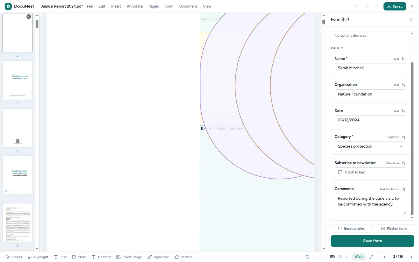 Preview of PDF forms: fill, create, flatten in DocuNest, offline PDF app