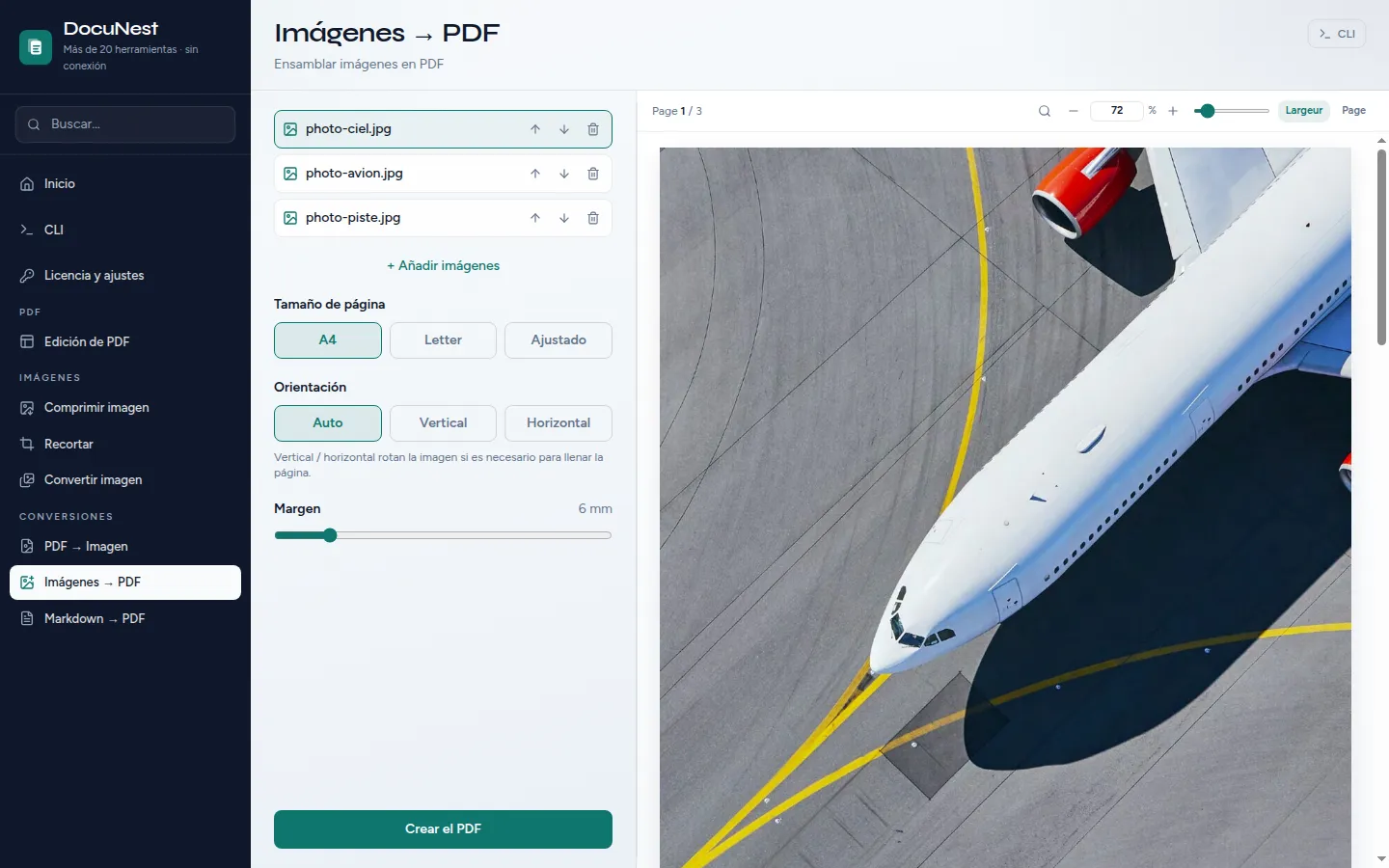 Vista previa de Imágenes a PDF en DocuNest, aplicación de PDF sin conexión