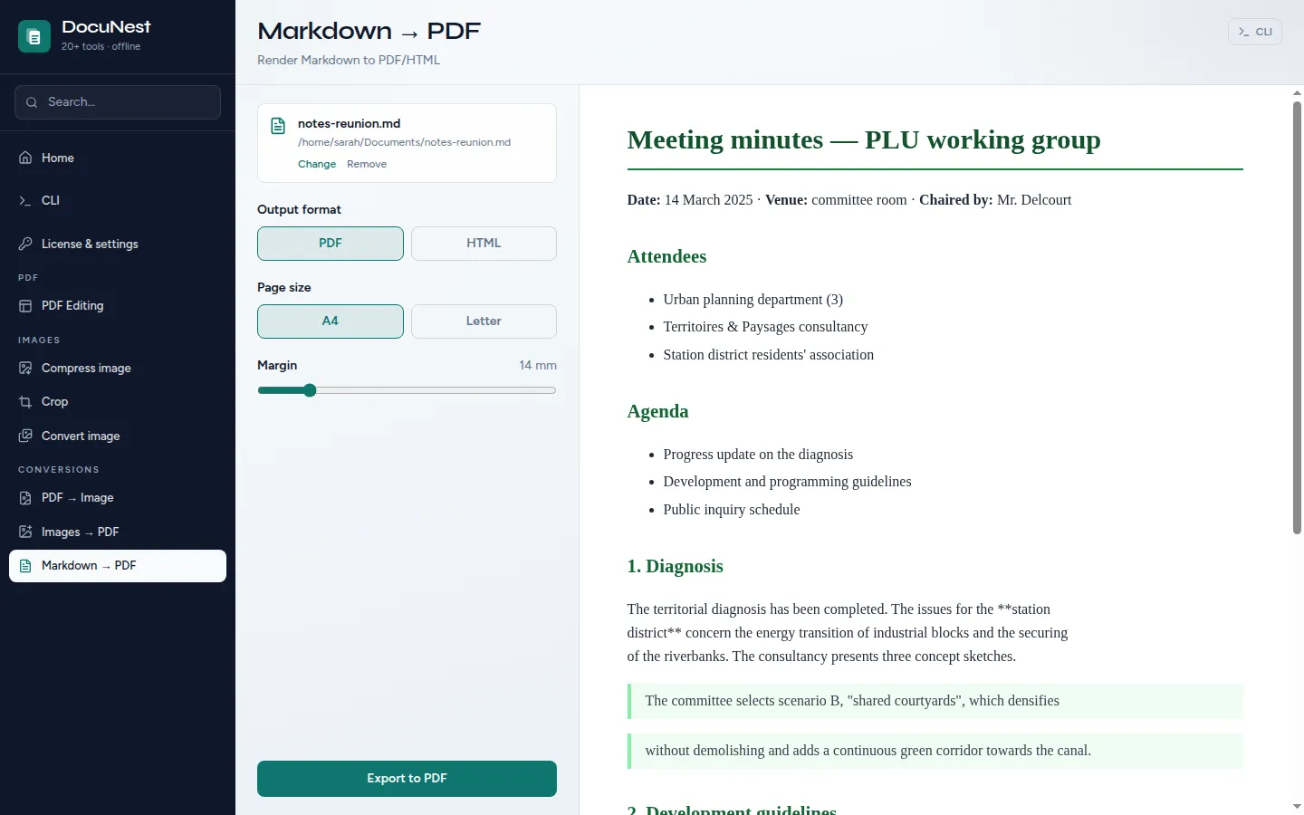 Preview of Markdown to PDF in DocuNest, offline PDF app