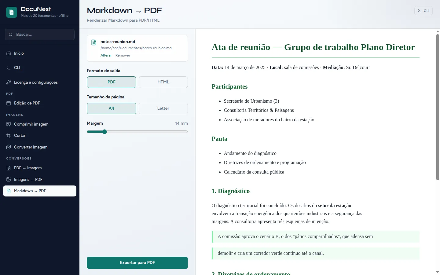 Prévia do Markdown para PDF no DocuNest, aplicativo de PDF offline