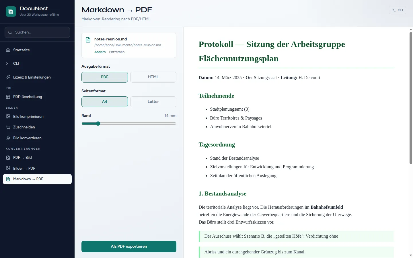 Vorschau von Markdown in PDF in DocuNest, der Offline-PDF-App
