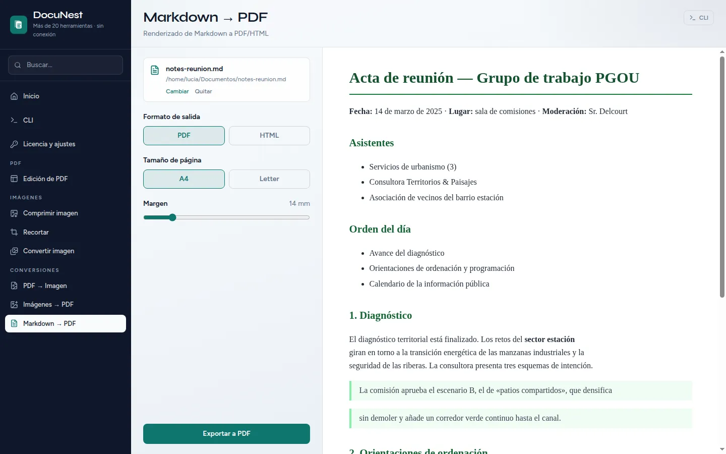 Vista previa de Markdown a PDF en DocuNest, aplicación de PDF sin conexión