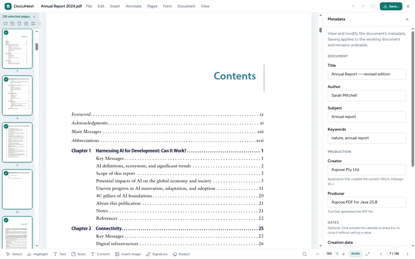 Preview of PDF metadata in DocuNest, offline PDF app