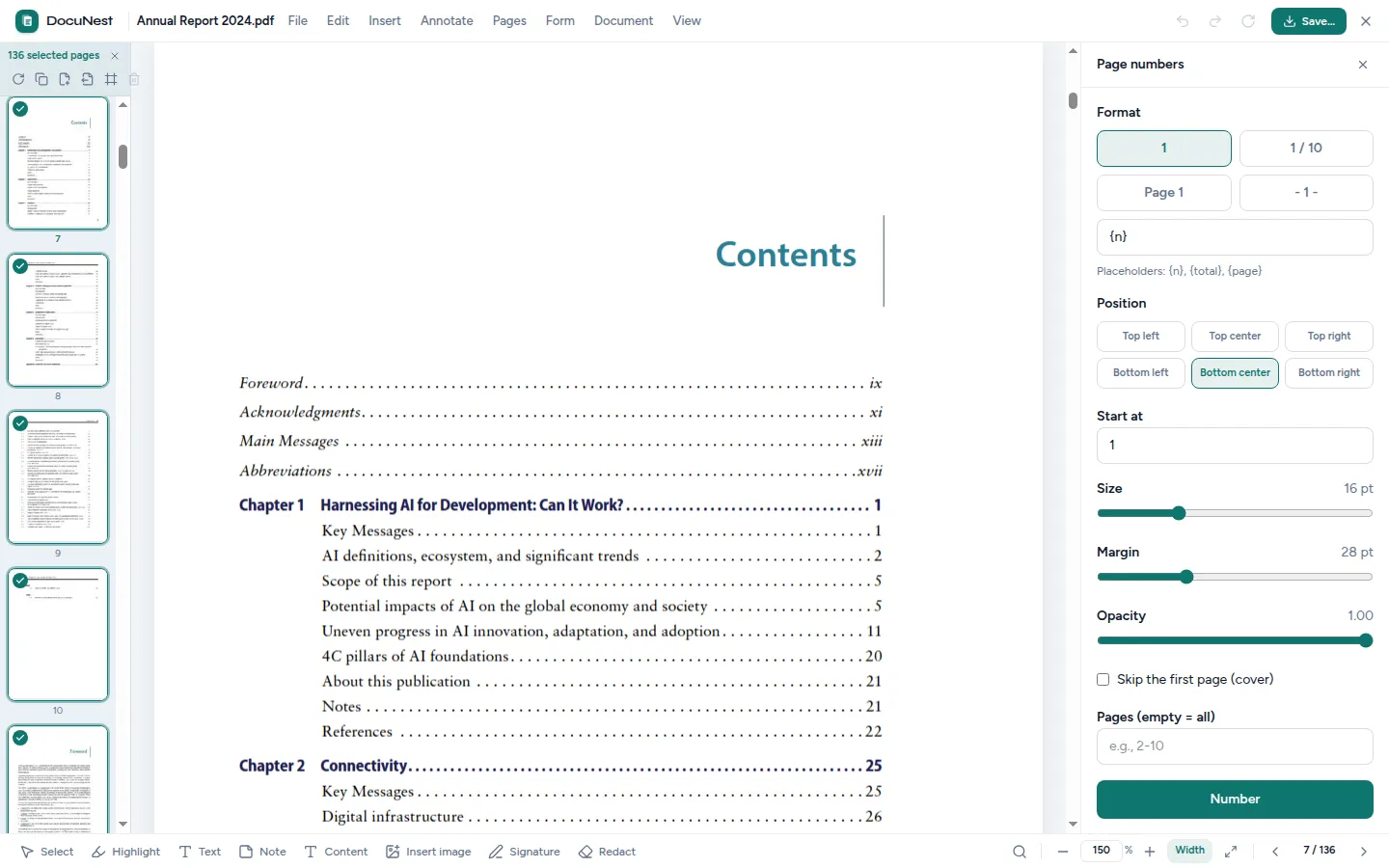 Preview of Number pages in DocuNest, offline PDF app