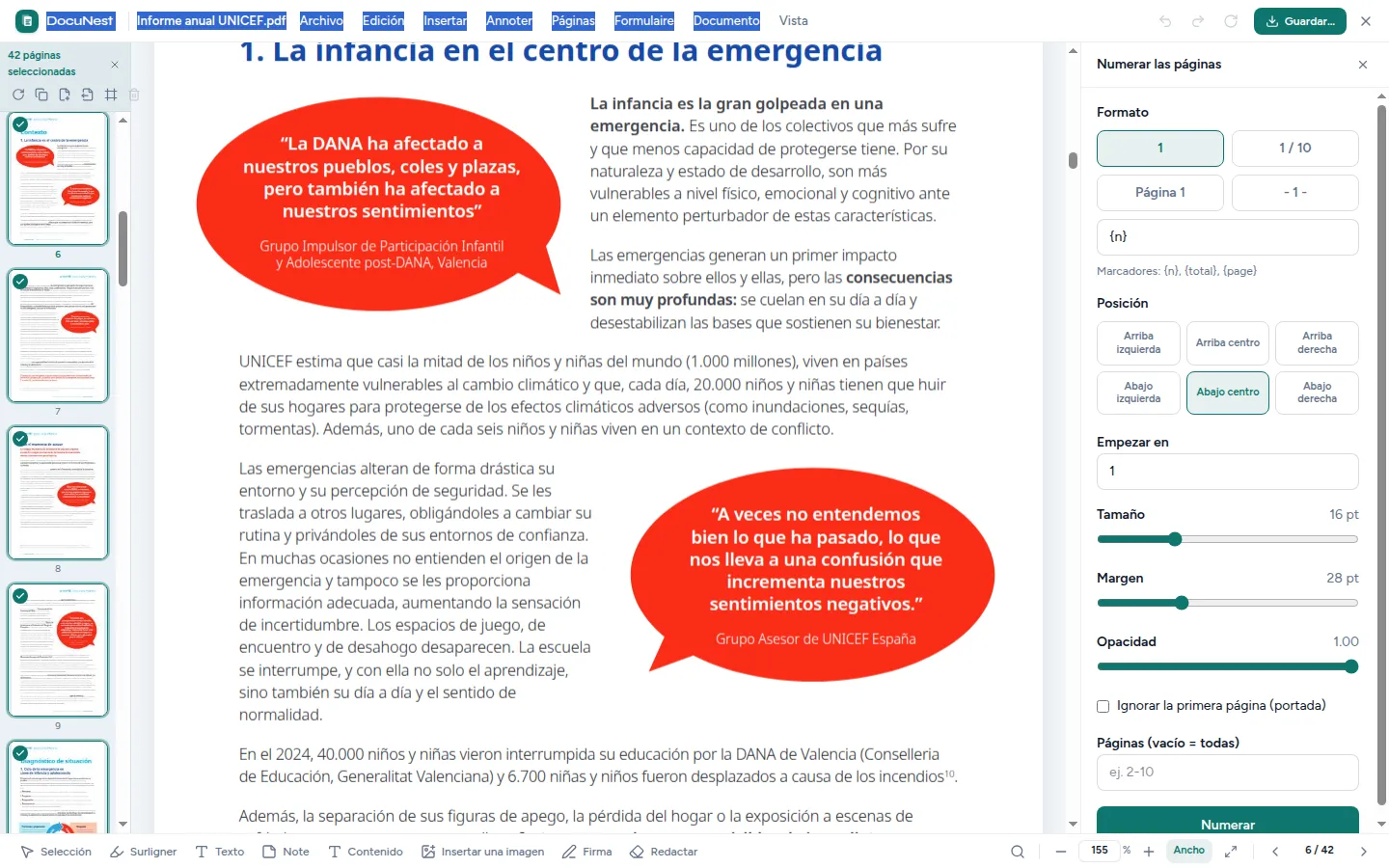 Vista previa de Numerar las páginas en DocuNest, aplicación de PDF sin conexión