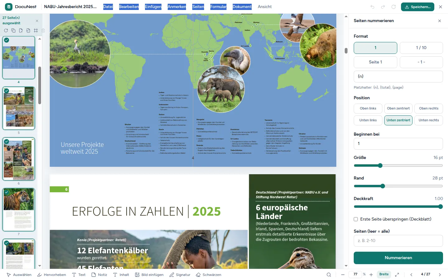 Vorschau von Seiten nummerieren in DocuNest, der Offline-PDF-App