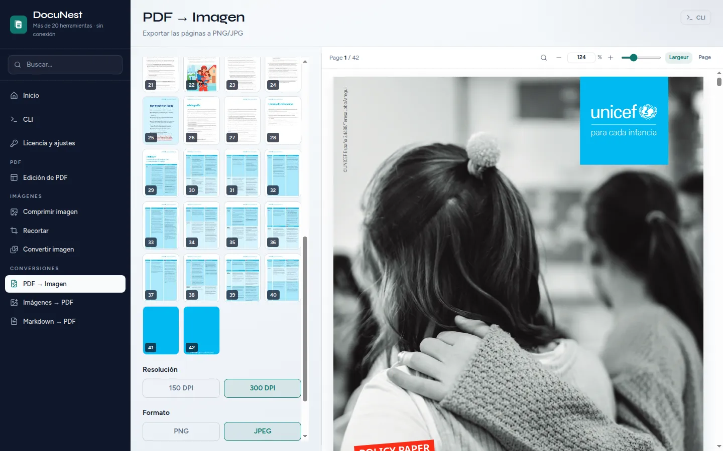 Vista previa de PDF a imágenes en DocuNest, aplicación de PDF sin conexión