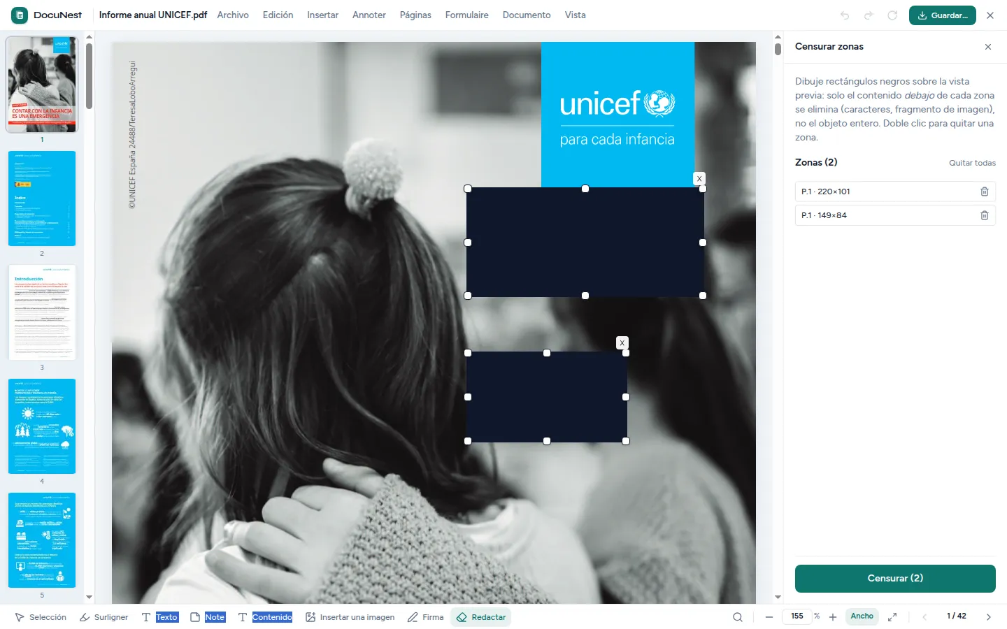 Vista previa de Censurar un PDF en DocuNest, aplicación de PDF sin conexión