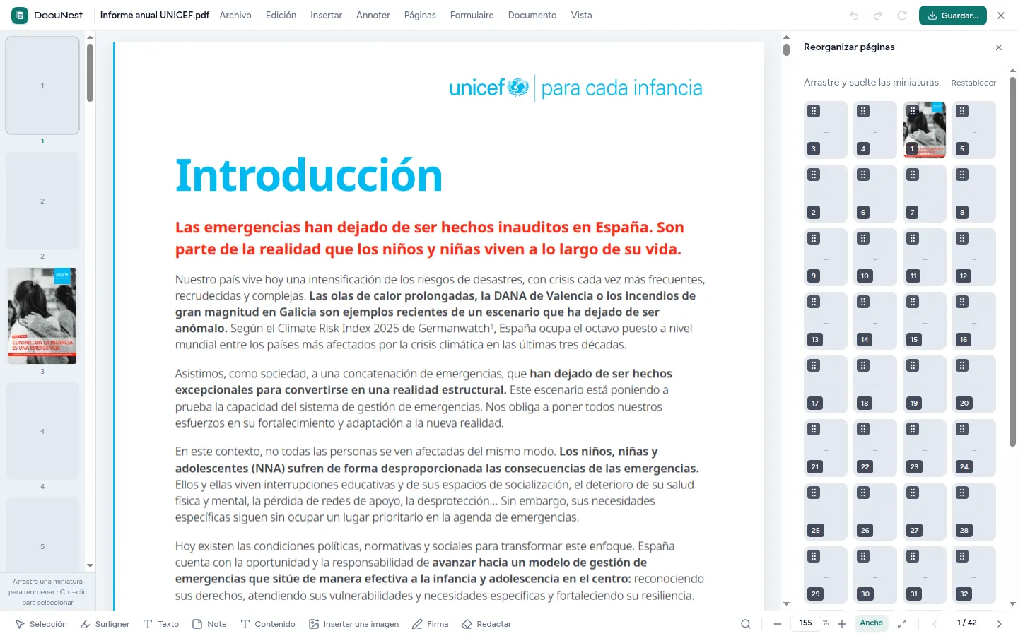 Vista previa de Reorganizar las páginas en DocuNest, aplicación de PDF sin conexión