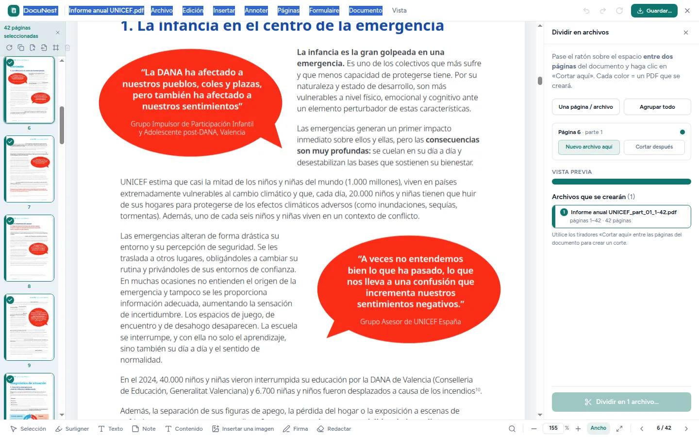 Vista previa de Dividir un PDF en DocuNest, aplicación de PDF sin conexión