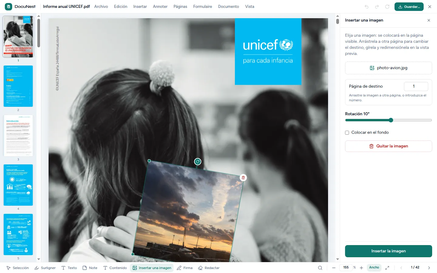 Vista previa de Insertar imágenes en DocuNest, aplicación de PDF sin conexión