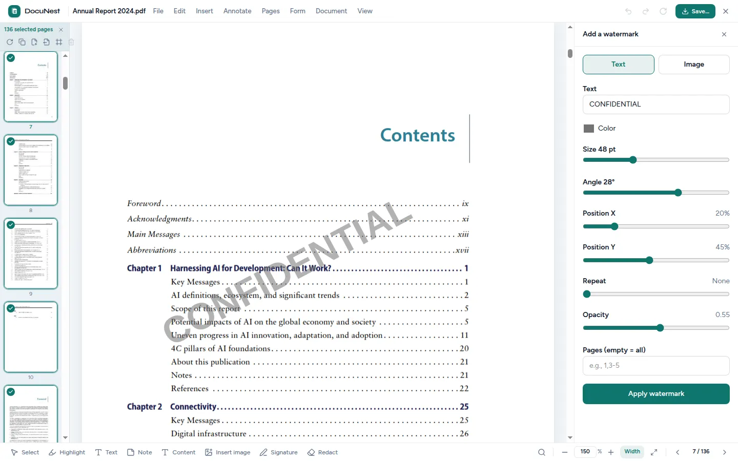 Preview of Watermark (text or image) in DocuNest, offline PDF app