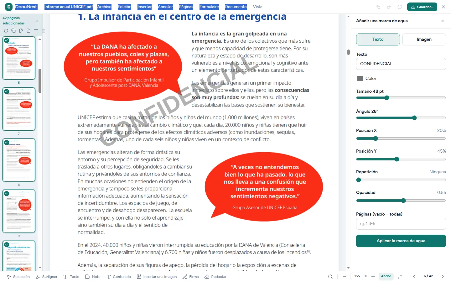 Vista previa de Marca de agua (texto o imagen) en DocuNest, aplicación de PDF sin conexión
