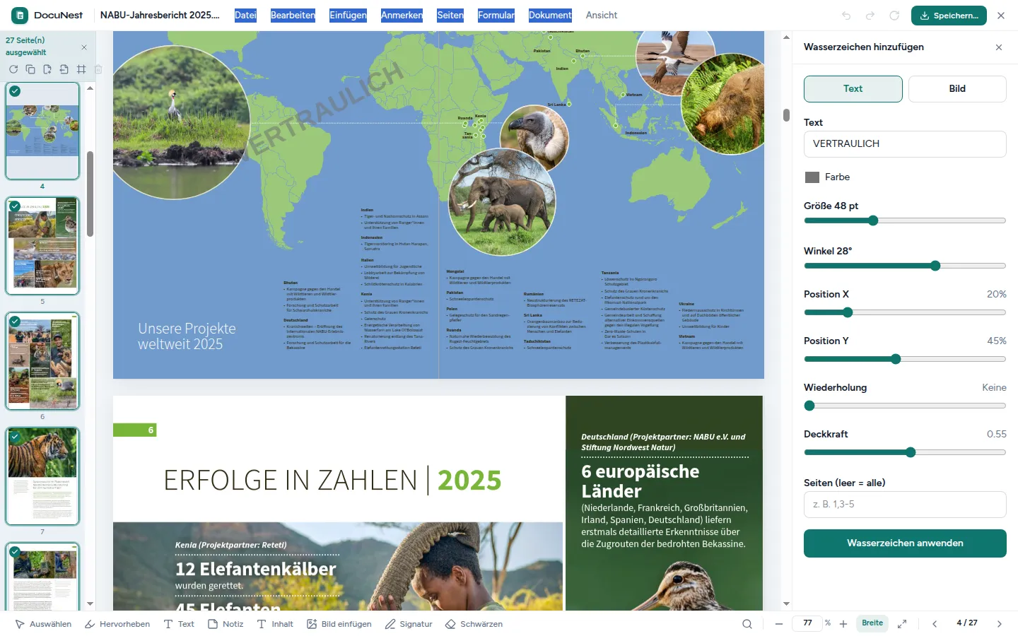 Vorschau von Wasserzeichen (Text oder Bild) in DocuNest, der Offline-PDF-App