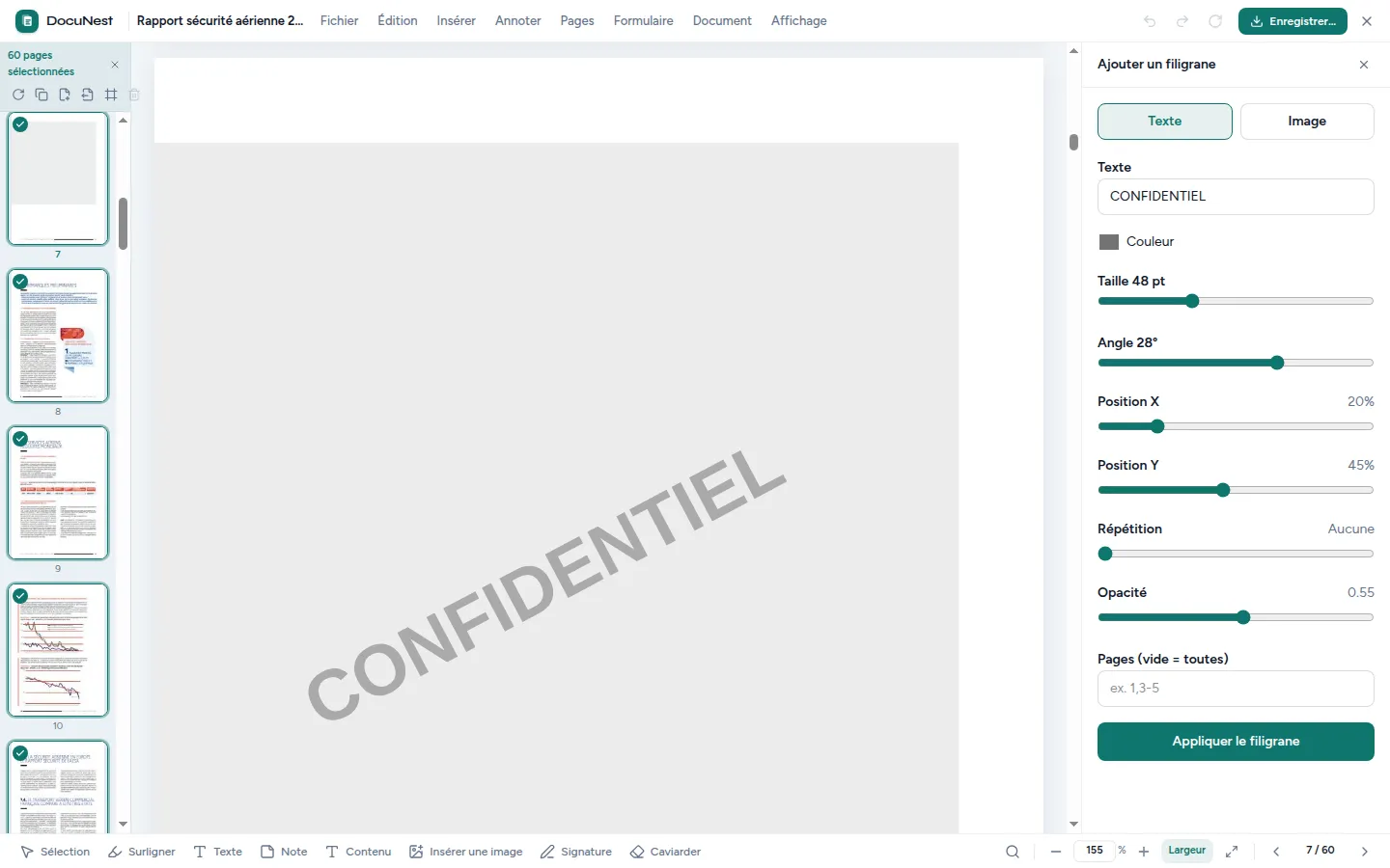 Anteprima di Filigrana (testo o immagine) in DocuNest, app PDF offline