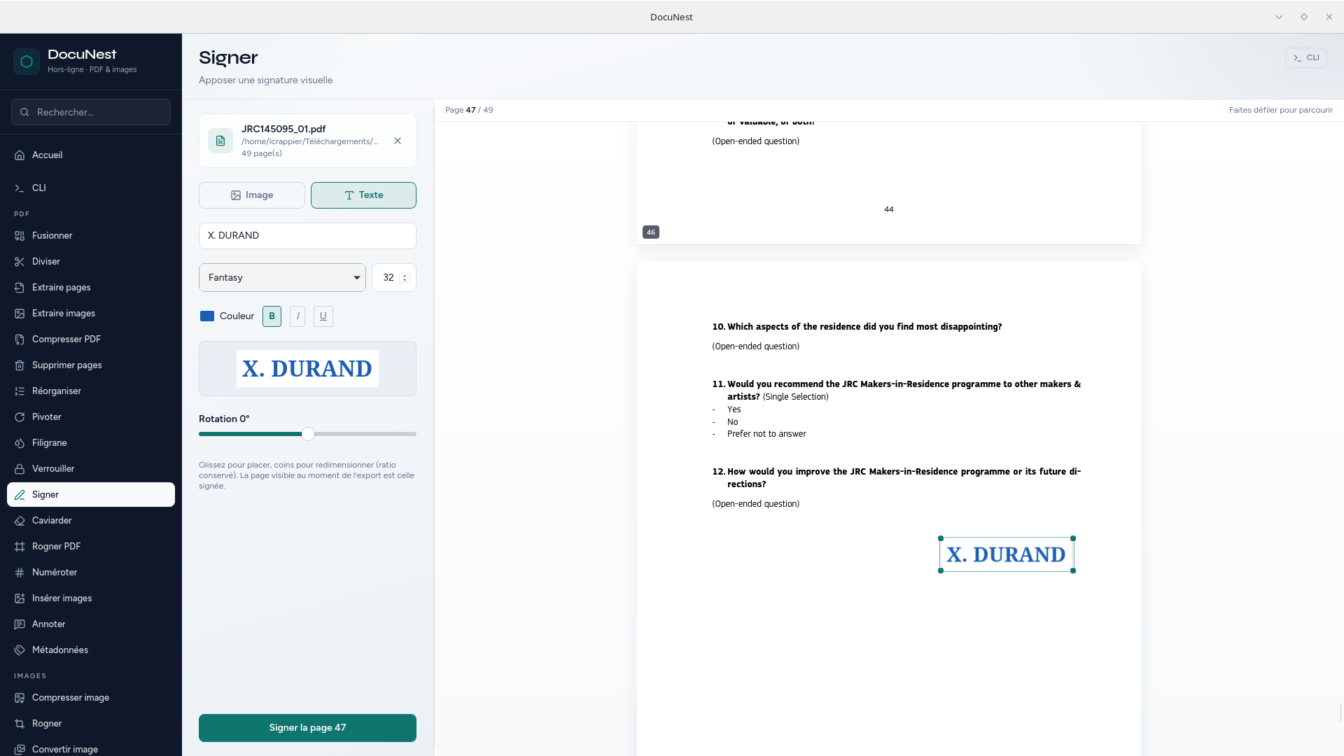 Aperçu de Signer un PDF dans DocuNest, application PDF hors-ligne