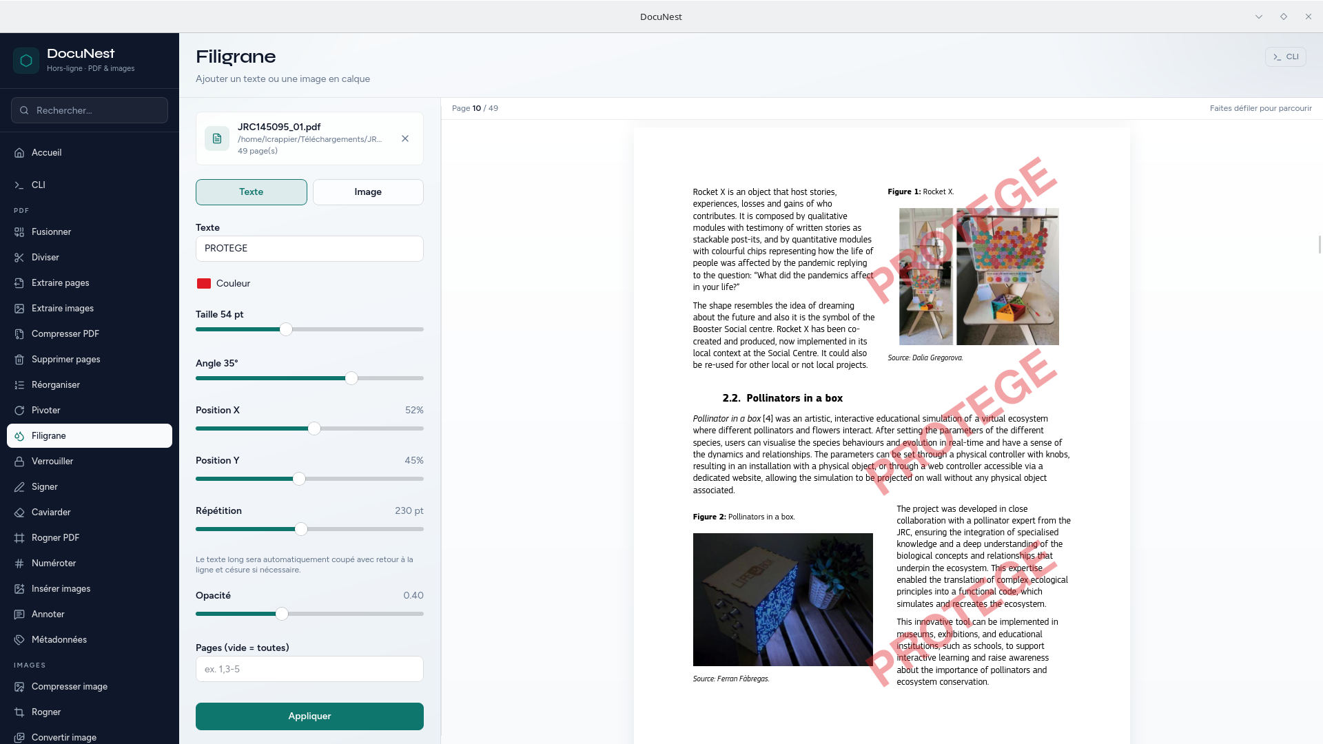 Aperçu de Filigrane (texte ou image) dans DocuNest, application PDF hors-ligne